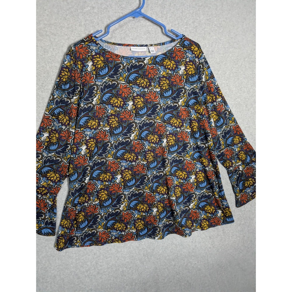 Susan Graver Floral Top Womens XL Paisley Bell‎ Sleeve Boho Colorful Office - Picture 2 of 13